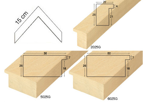 Complete set of corner samples of raw mouldings height 25mm (8 pieces)