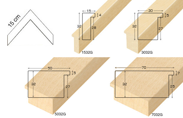 Complete set of corner samples of raw mouldings height 32m (4 pieces)